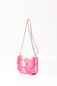 SCORE! Chrissy Small Designer Clear Crossbody Bag - Fandango Hot Pink and Light Pink