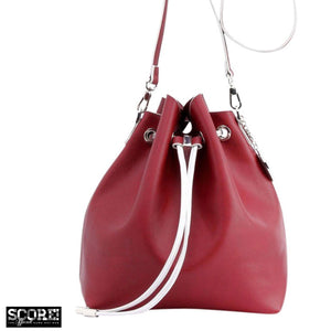 SCORE! Sarah Jean Crossbody Large BoHo Bucket Bag - Maroon Crimson and Silver