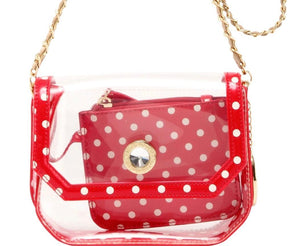 SCORE! Chrissy Small Designer Clear Crossbody Bag - Red, White and Gold