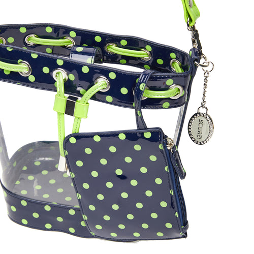 SCORE! Clear Sarah Jean Designer Crossbody Polka Dot Boho Bucket Bag-Navy Blue and Lime Green