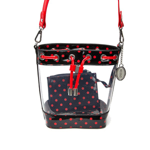 SCORE! Clear Sarah Jean Designer Crossbody Polka Dot Boho Bucket Bag- Black and Red