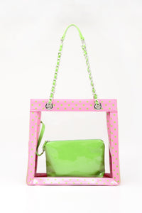 SCORE! Andrea Large Clear Designer Tote for School, Work, Travel - Pink and Lime Green