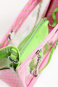 SCORE! Andrea Large Clear Designer Tote for School, Work, Travel - Pink and Lime Green