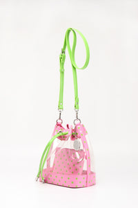 SCORE! Clear Sarah Jean Designer Crossbody Polka Dot Boho Bucket Bag-Pink and Lime Green