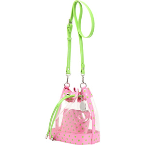 SCORE! Clear Sarah Jean Designer Crossbody Polka Dot Boho Bucket Bag-Pink and Lime Green