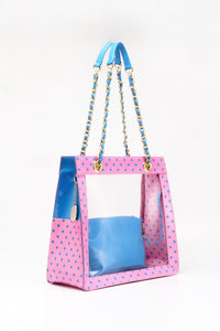 SCORE! Andrea Large Clear Designer Tote for School, Work, Travel - Pink and Blue