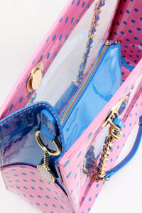 SCORE! Andrea Large Clear Designer Tote for School, Work, Travel - Pink and Blue