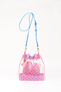 SCORE! Clear Sarah Jean Designer Crossbody Polka Dot Boho Bucket Bag-Pink and Blue