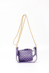 SCORE! Chrissy Small Designer Clear Crossbody Bag - Purple and Gold Gold