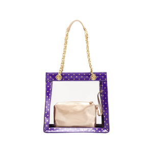 SCORE! Andrea Large Clear Designer Tote for School, Work, Travel - Royal Purple and Gold Gold