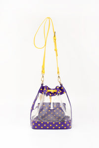 SCORE! Clear Sarah Jean Designer Crossbody Polka Dot Boho Bucket Bag-Purple and Gold Yellow