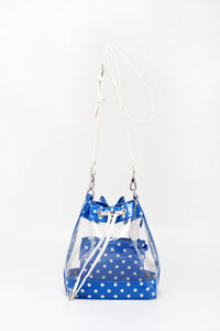 SCORE! Clear Sarah Jean Designer Crossbody Polka Dot Boho Bucket Bag-Royal Blue and White