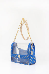 SCORE! Chrissy Medium Designer Clear Cross-body Bag -Imperial Blue and Metallic Gold