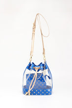 SCORE! Clear Sarah Jean Designer Crossbody Polka Dot Boho Bucket Bag- Royal Blue and Gold Gold