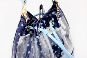 SCORE! Clear Sarah Jean Designer Crossbody Polka Dot Boho Bucket Bag-Navy Blue and Light Blue