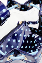 SCORE! Clear Sarah Jean Designer Crossbody Polka Dot Boho Bucket Bag-Navy Blue and Light Blue