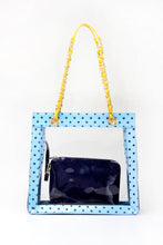 SCORE! Andrea Large Clear Designer Tote for School, Work, Travel- Light Blue, Navy Blue and  Yellow Gold