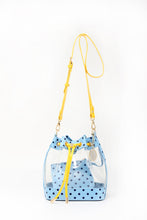 SCORE! Clear Sarah Jean Designer Crossbody Polka Dot Boho Bucket Bag-Light Blue, Navy Blue and Yellow Gold