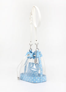SCORE! Clear Sarah Jean Designer Crossbody Polka Dot Boho Bucket Bag-Light Blue and White