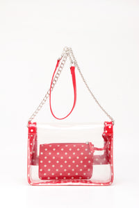 SCORE! Chrissy Medium Designer Clear Cross-body Bag -Racing Red and White