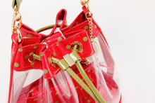SCORE! Clear Sarah Jean Designer Crossbody Polka Dot Boho Bucket Bag-Red and Olive Green