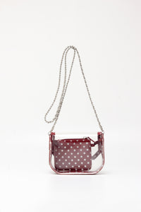 SCORE! Chrissy Small Designer Clear Crossbody Bag - Maroon and Silver