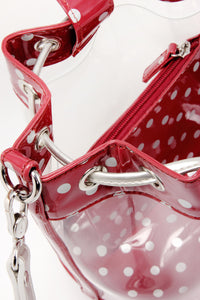 SCORE! Clear Sarah Jean Designer Crossbody Polka Dot Boho Bucket Bag-Maroon Crimson and Silver