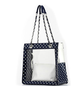 SCORE! Andrea Large Clear Designer Tote for School, Work, Travel - Navy Blue and White