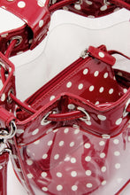 SCORE! Clear Sarah Jean Designer Crossbody Polka Dot Boho Bucket Bag-Maroon Crimson and White