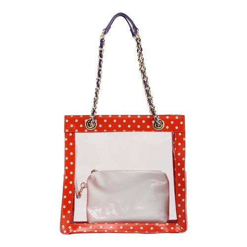 SCORE! Andrea Large Clear Designer Tote for School, Work, Travel - Orange, White and Royal Purple