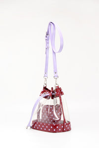 SCORE! Clear Sarah Jean Designer Crossbody Polka Dot Boho Bucket Bag-Maroon and Lavender