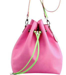 SCORE! Sarah Jean Crossbody Large BoHo Bucket Bag- Pink and Lime Green