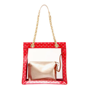 SCORE! Andrea Large Clear Designer Tote for School, Work, Travel - Red and Gold