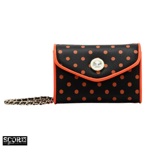 SCORE! Eva Designer Crossbody Clutch - Black and Orange Polka Dot