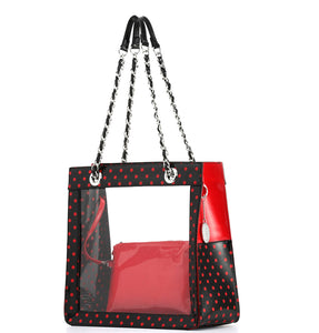 SCORE! Andrea Large Clear Designer Tote for School, Work, Travel - Black and Red