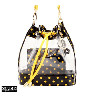 SCORE! Clear Sarah Jean Designer Crossbody Polka Dot Boho Bucket Bag- Black and Gold Yellow