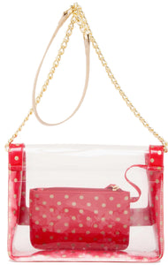 SCORE! Chrissy Medium Designer Clear Cross-body Bag -Red and Gold