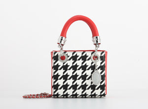 Score! Jacqui Classic Top Handle Crossbody Satchel  - Black and White Houndstooth and Red