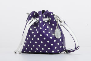 SCORE! Sarah Jean Small Crossbody Polka dot BoHo Bucket Bag - Purple and White