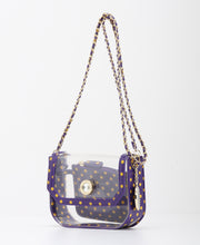 SCORE! Chrissy Small Designer Clear Crossbody Bag - Purple and Gold Yellow