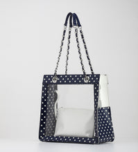 SCORE! Andrea Large Clear Designer Tote for School, Work, Travel - Navy Blue and White
