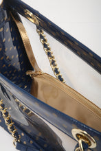 SCORE! Andrea Large Clear Designer Tote for School, Work, Travel - Navy Blue and Metallic Gold