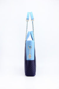 SCORE!'s Kat Travel Tote for Business, Work, or School Quilted Shoulder Bag- Navy Dark Blue and Light Blue