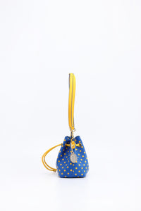 SCORE! Sarah Jean Small Crossbody Polka dot BoHo Bucket Bag- Royal Blue and Gold Yellow  Tri Delt Delta Delta Delta sorority sisters, or a sports bar with friends to watch University of Nebraska Kearney, Ithaca College, Delaware Fighting Blue Hens, Morehead State Eagles, Kansas City Roos, South Dakota State Jackrabbits, San Jose State Spartans, North Carolina A&T Aggies, Kent State Golden Flashes, McNeese State Cowboys