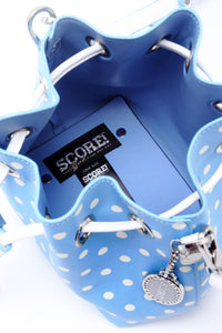 SCORE! Sarah Jean Small Crossbody Polka dot BoHo Bucket Bag - Light Blue and White