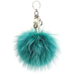 Real Fur Puff Ball Pom-Pom 6" Accessory Dangle Purse Charm - Turquoise with Silver Hardware