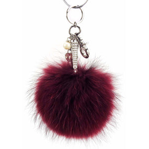 Real Fur Puff Ball Pom-Pom 6" Accessory Dangle Purse Charm - Maroon with Silver Hardware