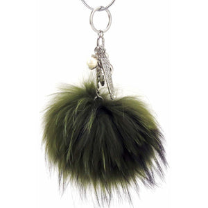 Real Fur Puff Ball Pom-Pom 6" Accessory Dangle Purse Charm - Olive Green with Silver Hardware for Washington State University Cougars, Alpha Chi Omega, Alpha Sigma Alpha, Kappa Delta, Army