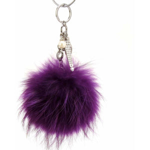 Real Fur Puff Ball Pom-Pom 6" Accessory Dangle Purse Charm - Purple with Silver Hardware