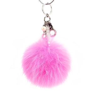 Real Fur Puff Ball Pom-Pom 6" Accessory Dangle Purse Charm - Pink with Silver Hardware